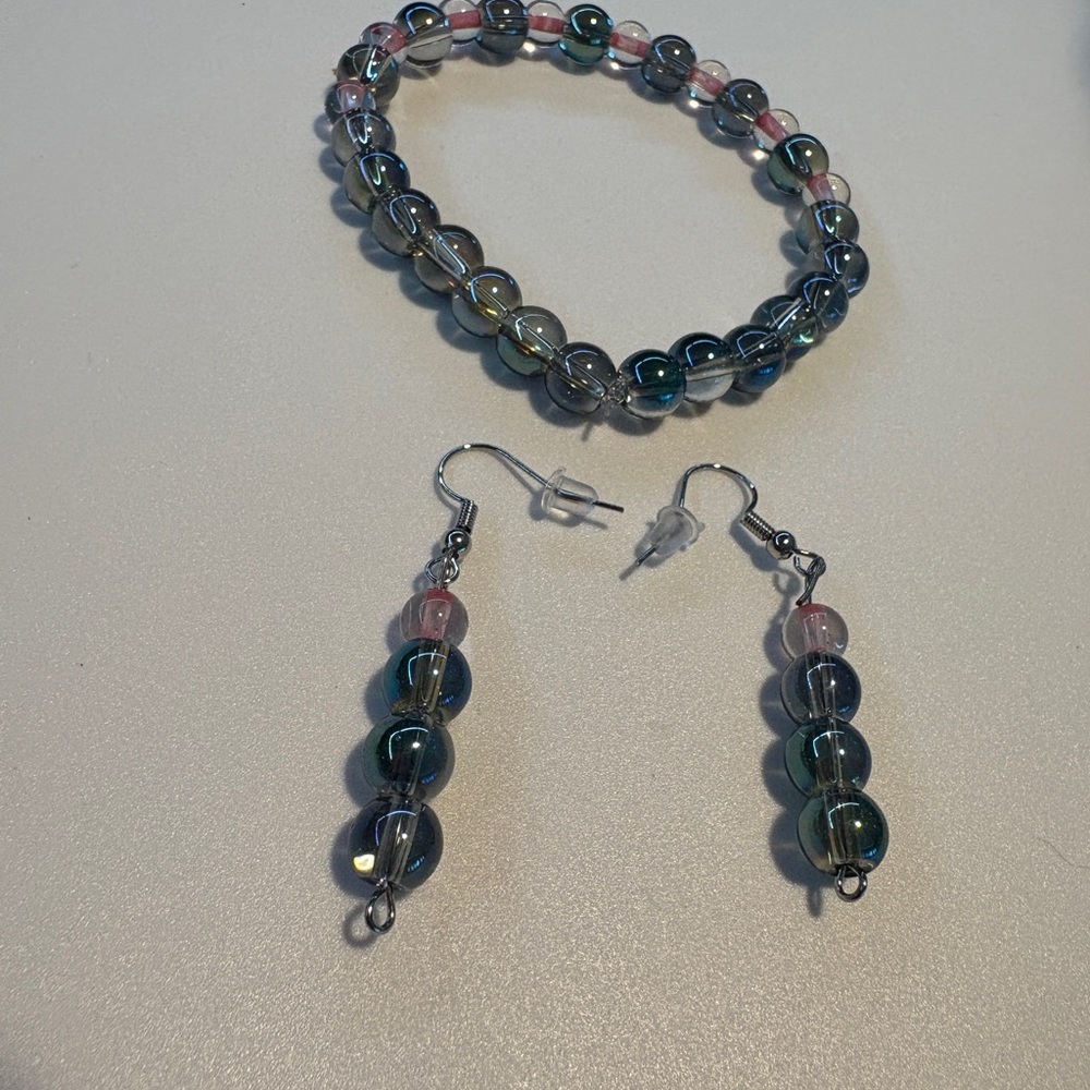 Elegant Handmade Blue and Pink Beaded Bracelet and Earring Set